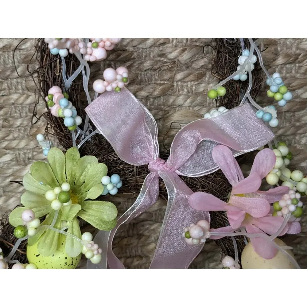 Easter Bunny Shaped Holiday Wreath with Eggs & Satin Ribbon Bow Door Decor 19